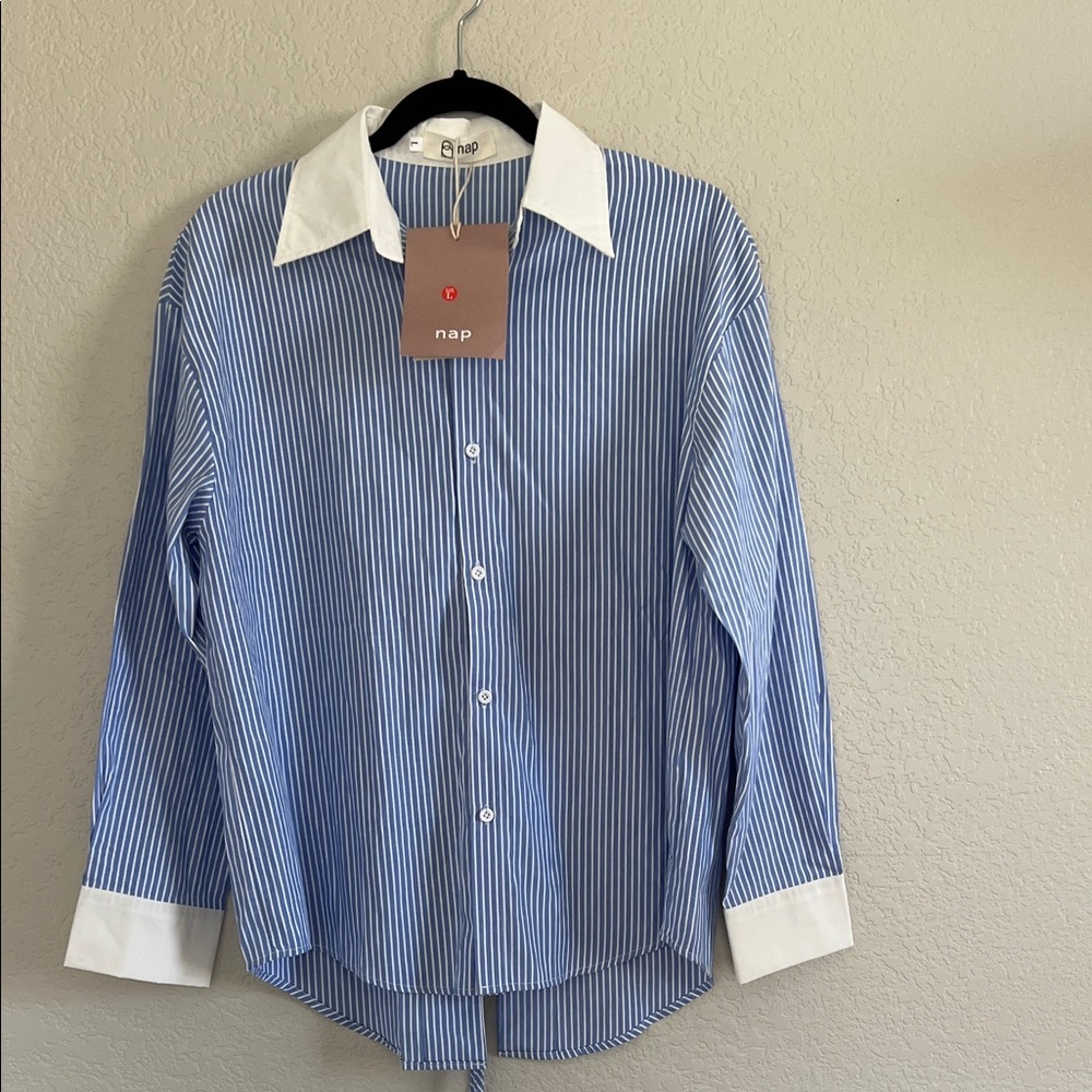 NWT NAP Loungewear Striped Back-Tie Button Down Shirt Blue White - Size L